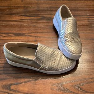 VIONIC Gold scaled loafers with slight platform athletic sole